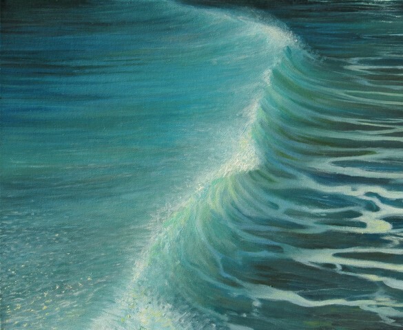 An oil painting on canvas of a crystal clear ocean wave moving toward the shore